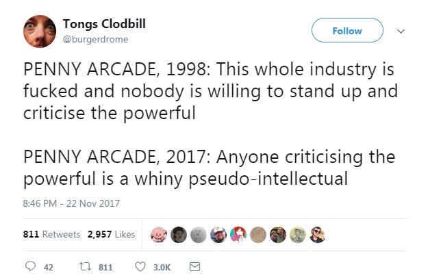mombot's tweet photo. Polygon is a property of Vox Media, a multinational digital media company valued at over 400 million dollars. Vox Media is headed by Jim Bankoff, a white middle-aged man who himself is worth 4 million dollars.

Penny Arcade is criticizing the powerful. https://t.co/9Mwxuh8HBk