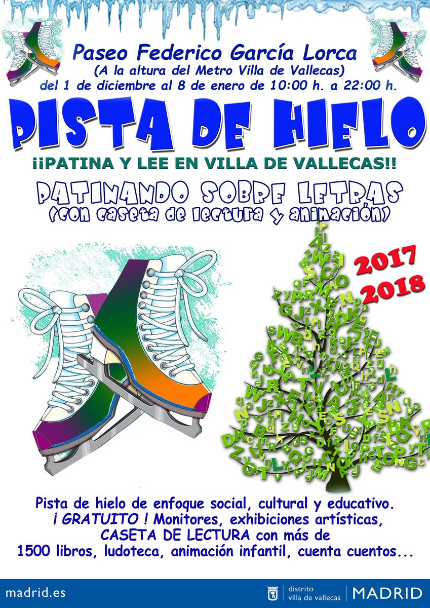 ❄️⛸️Pista de hielo en Villa de Vallecas⛸️❄️
Villa de Vallecas instalará por primera vez una pista de hielo gratuita en el Paseo Federico García Lorca. Estará abierta todos los días desde el 1 de diciembre al 8 de enero. ¡Vente y disfrútala!