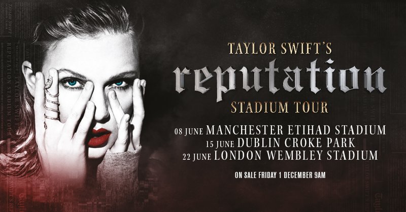 TicketmasterES's tweet photo. ¡@taylorswift13 viene a Europa en 2018! Pero, sólo pasará por Manchester (8/06), Londres (22/06) y Dublín (15/06). Pero mirad el lado positivo: Viaje ✈️ + concierto de Taylor🎶 + los tuyos/as ❤️¡Entradas el 1/12 a las 10h!👉 https://t.co/a0xWHDnqXq #reputationStadiumTourUK https://t.co/LXzXBaIw6O