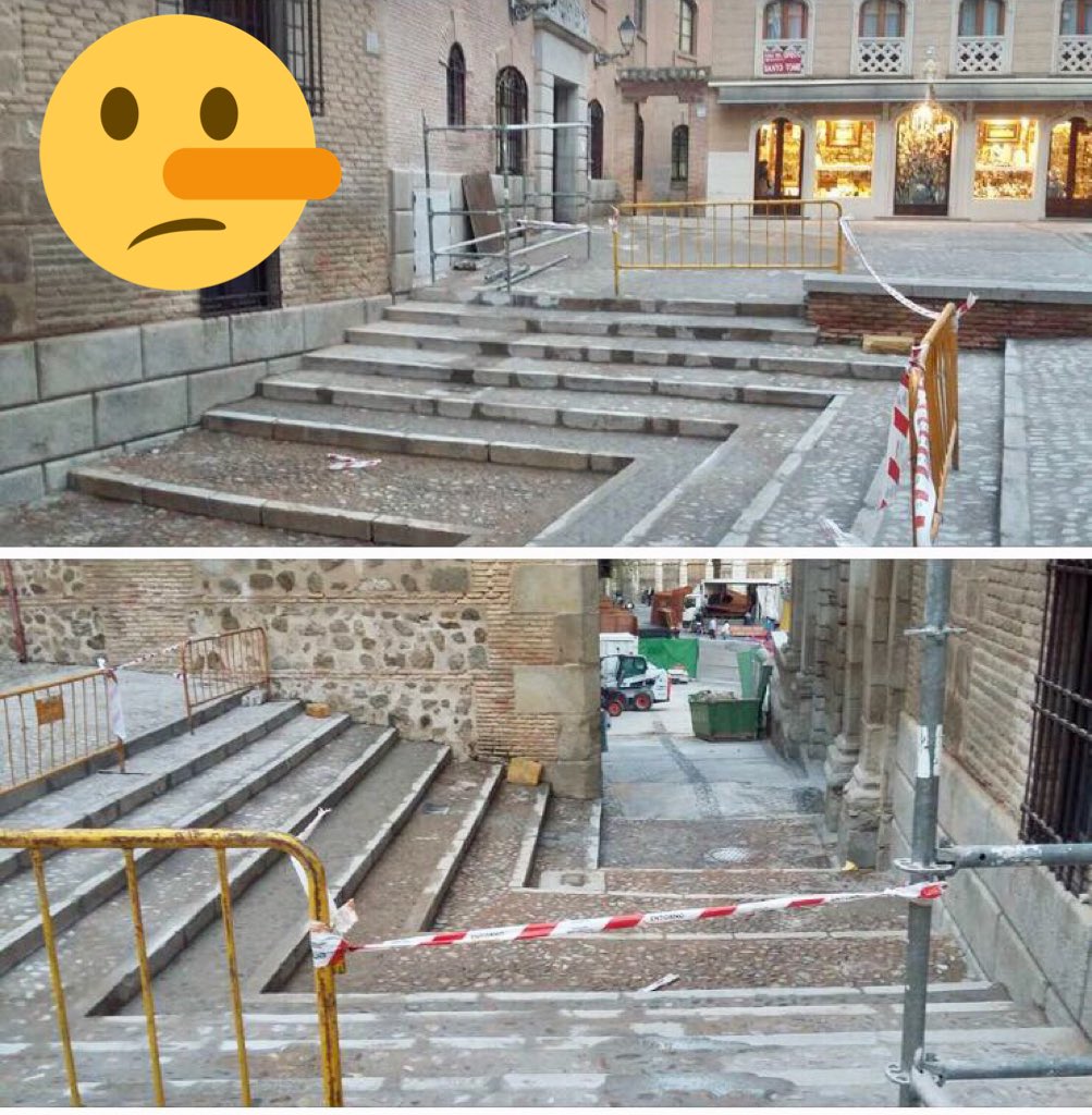 David_SGTo's tweet photo. .@milagrostolon :”Vamos a construir 🚧 una rampa y hacer el .@toledoayto accesible 👣”. 
Y yo me pregunto tras las obras que han durado varías semanas 📆 y costado un dineral 💶💶, ¿Donde está la rampa? 🤔
#MENTIROSA 🤥 https://t.co/u3iG77SBSE
