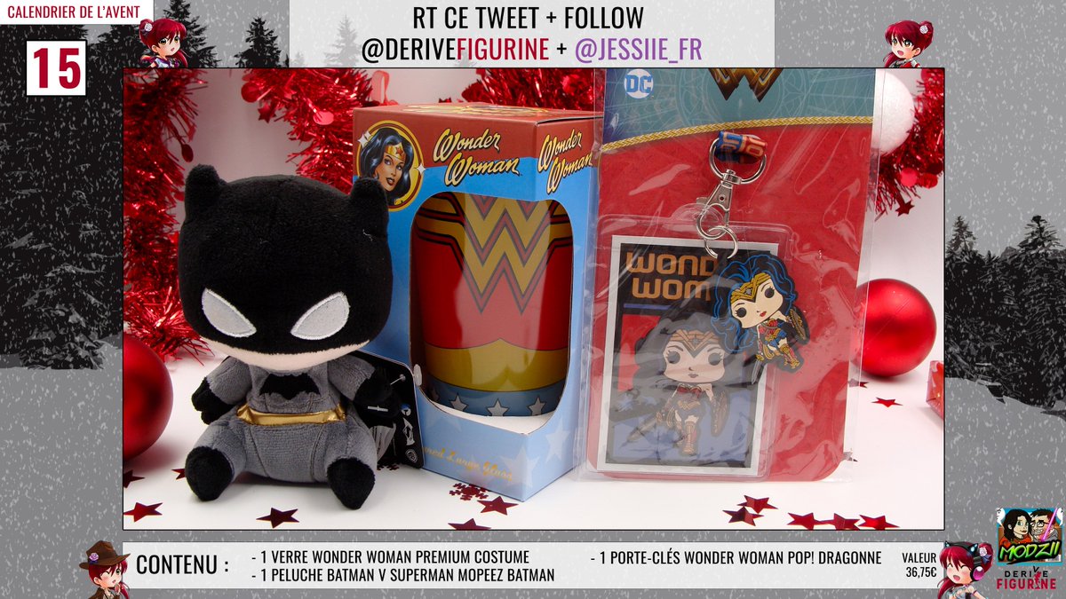 DeriveFigurine's tweet photo. #CONCOURS : A gagner pour notre calendrier de l'Avent, pack #15
➡️Verre premium #WonderWoman
➡️Peluche #Funko #Mopeez de #Batman
➡️Porte-clés #FunkoPop Wonder Woman #DCComics
Follow @DeriveFigurine + @Jessiie_FR et RT ce Tweet 😜 https://t.co/7wXziy6Sd7