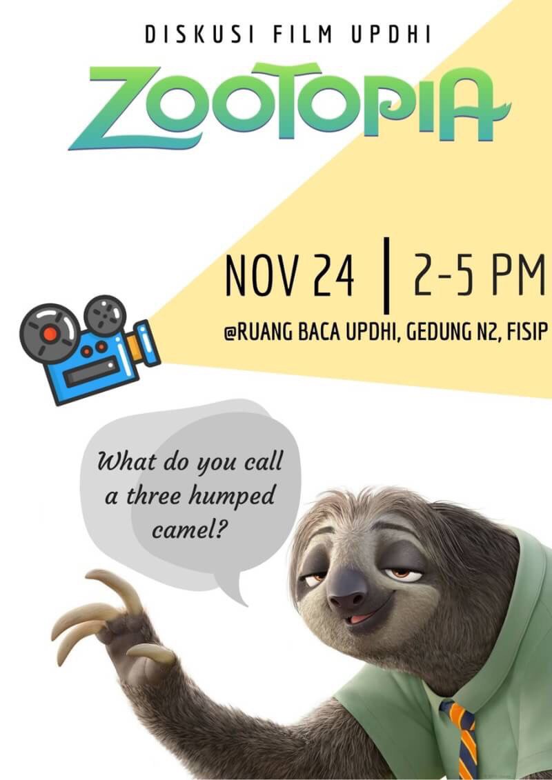 [SEDANG BERLANGSUNG] Teman-teman yang ingin bergabung diskusi film Zootopia dapat langsung datang ke Ruang Baca UPDHI, Gedung N2, FISIP UI. #readingshapesyou