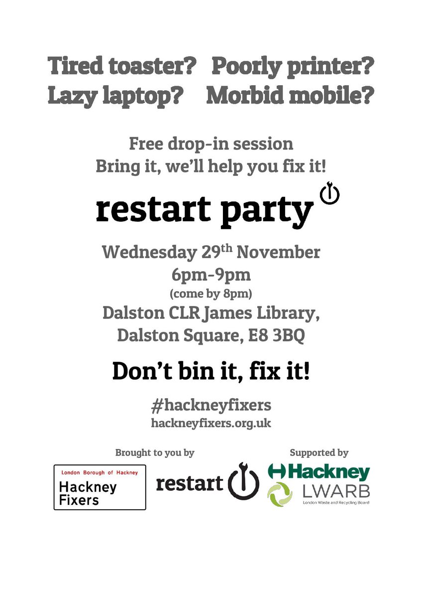 greenerhackney's tweet photo. Bring your broken electrical items to Dalston CLR James Library on Wednesday and the #hackneyfixers will help your repair them https://t.co/Xm3QraEslp