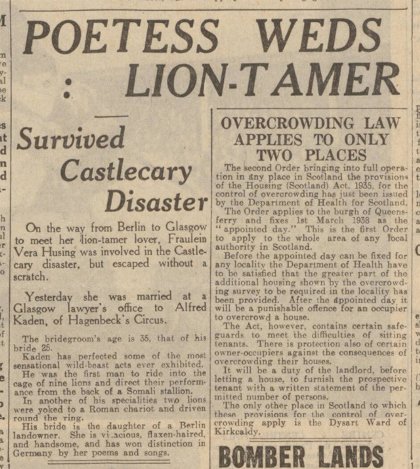 NatRecordsScot's tweet photo. Marriage entry of Alfred Kaden, lion tamer, and Vera Hüsing, poet, in 1938. Alfred is described in the newspaper cutting as "the first man to ride into the cage of 9 lions & direct their performance from the back of a Somali stallion". #LoveArchives #ExploreArchives https://t.co/IvmyuieCXp