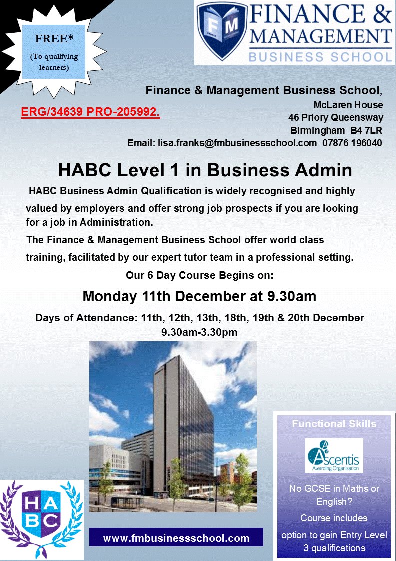 FollowFMBS's tweet photo. @JCPinBirmingham NEW short course 6 days Level 1 Business Admin begins 11th December 9.30am at McLaren Building Birmingham FREE to qualifying learner #BrumJobsHour #Freecourse #backintowork https://t.co/aZQdNZEySW