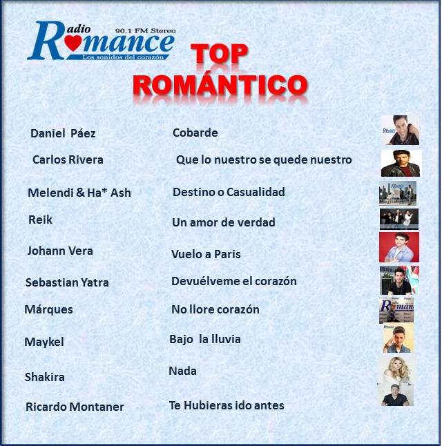 RadioRomanceFM's tweet photo. Vota por tu canción favorita!!! 
#ViernesDe #TopRomántico     
📞229057   
📲0969019014    
👉https://t.co/s43BaM2xfP 
 @MaykelOficial @MarquesMusica @montanertwiter https://t.co/3jBMOxLH9G