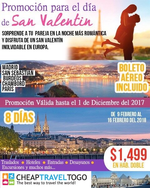 CheapTravelToGo's tweet photo. Promo de San Valentin!
Desde Madrid hasta Paris
8 Dias / 09 al 16 de Febrero 2018
Boleto Aereo Incl. (Desde Miami)
Hoteles, Comidas, Traslados y mas.
reservations@cheaptraveltogo.com
https://t.co/WiNneasbmS
#Europe #Travel #SanValentin
*Promocion valida hasta el 1ro de Diciembre https://t.co/Vdfd9B1G0O