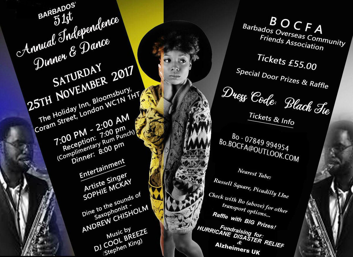 BBBB365's tweet photo. Amazing build up to #BOCFAAID. Barbados Independence in London Saturday 25.11.17 featuring: Dinner, Dance, Rum Punch, music from Sophia Mackay + Andrew Chisholm on Sax... #BOCFA 2017 fundraising for #AlzheimersUK + #Dominica #HurricaneRelief https://t.co/qrDvhuID85