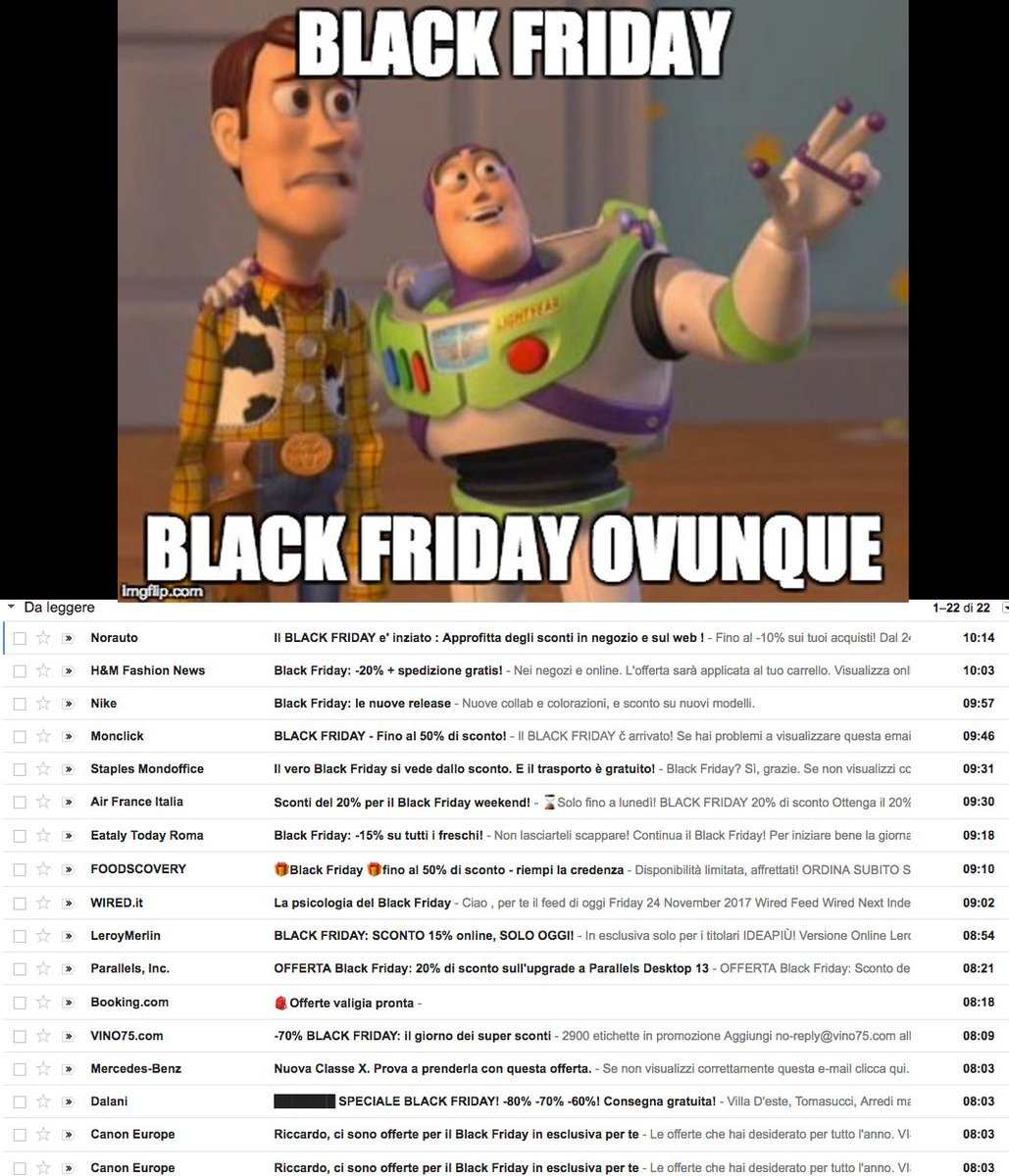 Il #BlackFriday è arrivato!
I Brand quest'anno avranno puntato più sulla qualità e creatività o avranno affidato la loro strategia di Direct Email Marketing al CAPS LOCK? Questa la mia inbox di pochi minuti fa, chi è stato il più bravo? #dem #marketing #BlackFriday2017