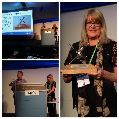 LINX_Network's tweet photo. LINX CEO John Souter, presents Michelle Reid of @TelehouseEurope the 'Conspicuous Contribution to LINX' award earlier this week at the #LINX99 member conference. Read the full release: https://t.co/SaRSh0DBET #datacentre #IXP #LINX https://t.co/1VKv2UUVjd