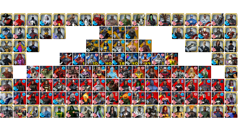 badmagick7's tweet photo. My final progression on @MarvelHeroes I finished 383rd in the world for overall level progression. That's my highest leaderboard placing in a videogame ever. 23,354 total levels. Yellow are the cosmic 60's, blue with yellow numbers are mid cosmic, everyone else red 60. https://t.co/a5chYcMeMs