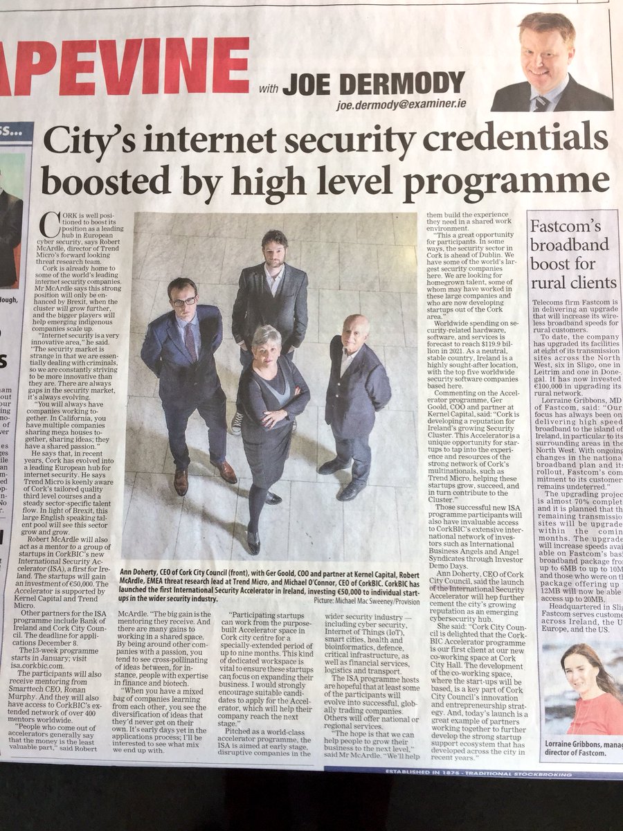 AxisBic's tweet image. Great coverage for the #SecurityAccelerator @irishexaminer @JoeDermody @BOIstartups @TrendMicroIRE @bobmcardle @Kernel_Capital @corkcitycouncil