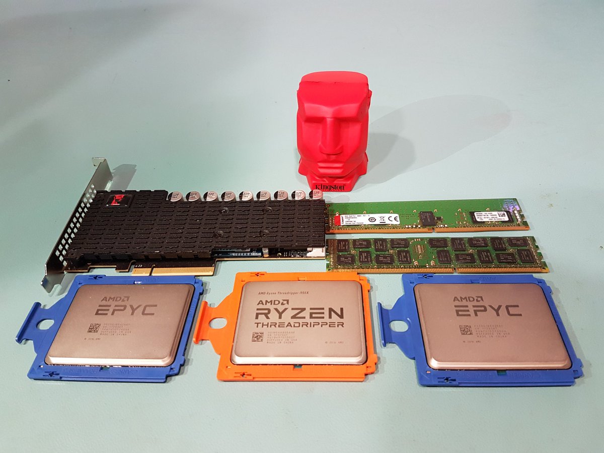 Adrien_Kingston's tweet photo. Black Friday surprise from AMD #AMDserver in our #kingstontech EU Lab. Thanks! New AMD EPYC CPUs up to 32 cores, 8 memory channels @ 2666MHz and 128 PCI lanes!!! Perfect for our new 2666MHz RAM and DCP1000 NVMe SSD! https://t.co/k6FrY8HjFL