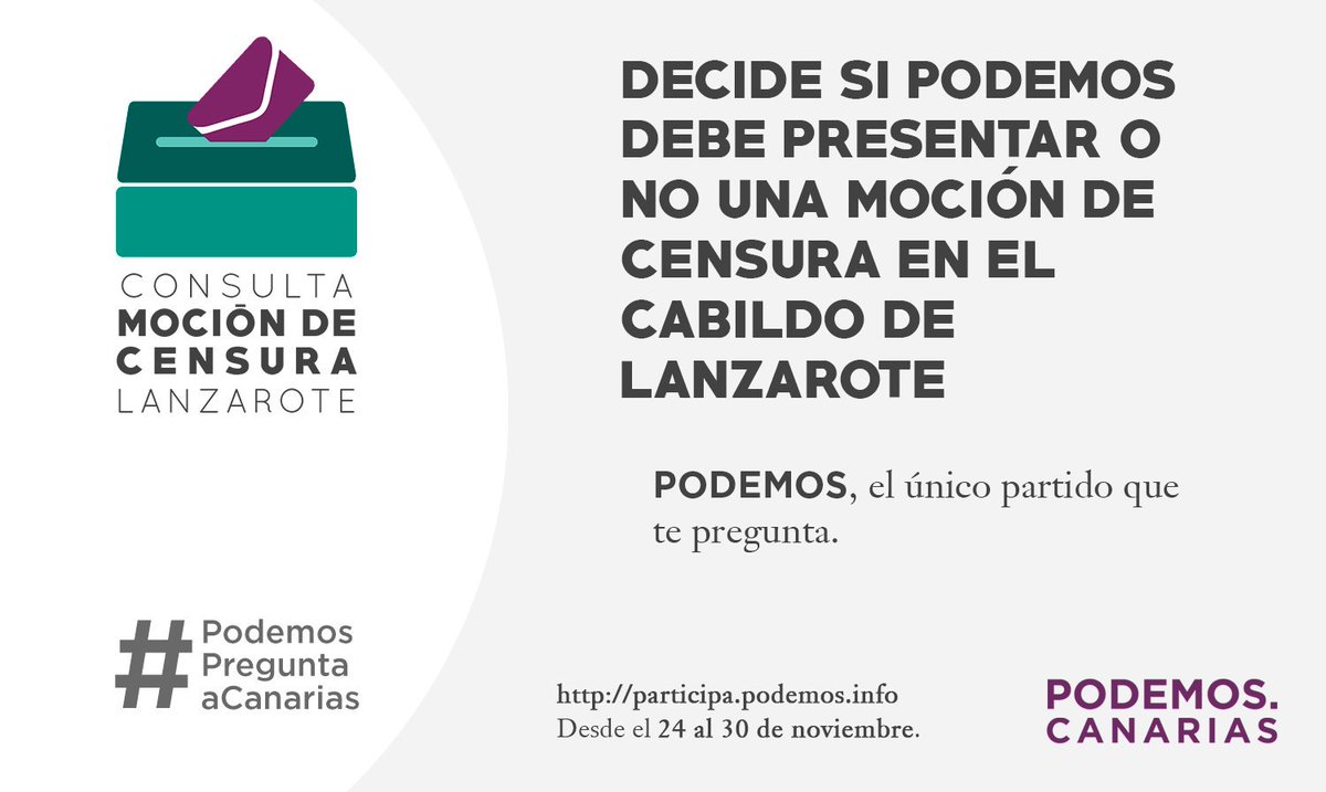 PodemosLZ's tweet photo. Nuestros inscritos e inscritas de #Lanzarote deciden a partir de hoy viernes y hasta el
próximo jueves si Podemos debe presentar o no una moción de censura en el Cabildo. En
Podemos tú decides 🙋‍♀️🙋‍♂️
#PodemosPreguntaACanarias https://t.co/aSSNaCwXfl