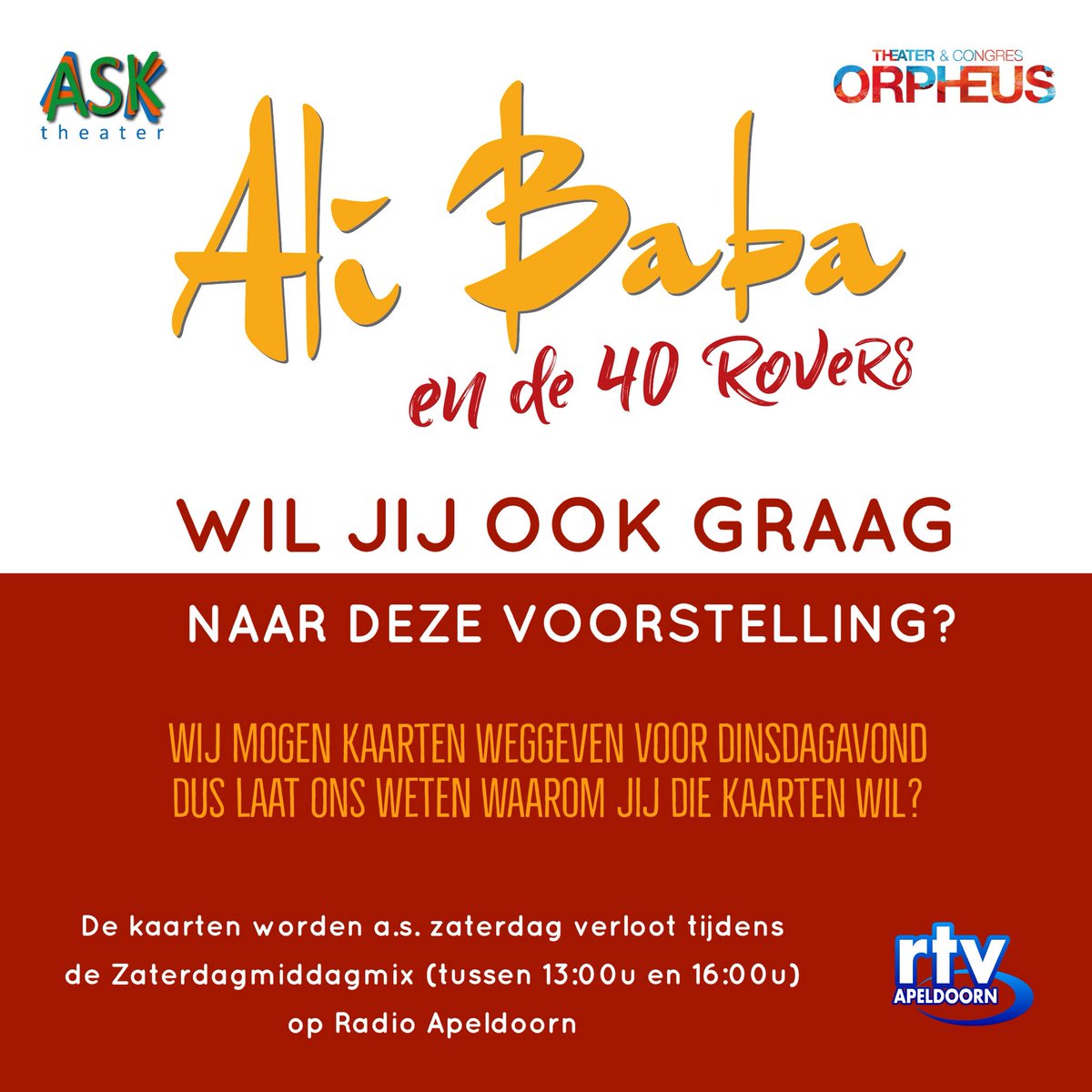 Wij mogen kaarten weggeven voor de voorstelling Ali Baba en de 40 rovers van @asktheater in <a href="/TheaterOrpheus/">Theater & Concert Orpheus</a>! Laat ons weten waarom jij graag kaarten wil! #apeldoorn #ask