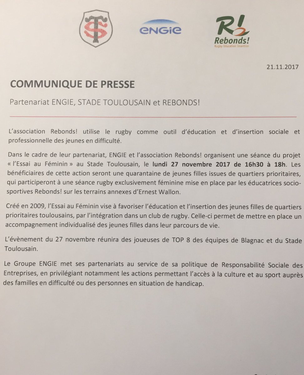 SergeCaramante's tweet photo. @ENGIEgroup @StadeToulousain @AssoRebonds s’engagent pour l’insertion des filles des #qpv par le #rugby avec le @STFeminin @Blagnac_Rugby_F ce 27/11🏉👍 https://t.co/8q4fJzcMlE