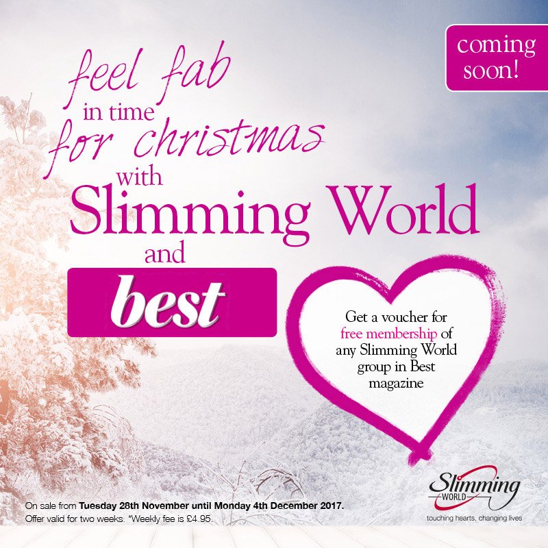 SlimmingWorld's tweet photo. Want to lose weight in time for #Christmas? You can! Pick up next week's @bestmag and get a voucher for #free membership of your local #Slimming World group. https://t.co/ClikyJHoID