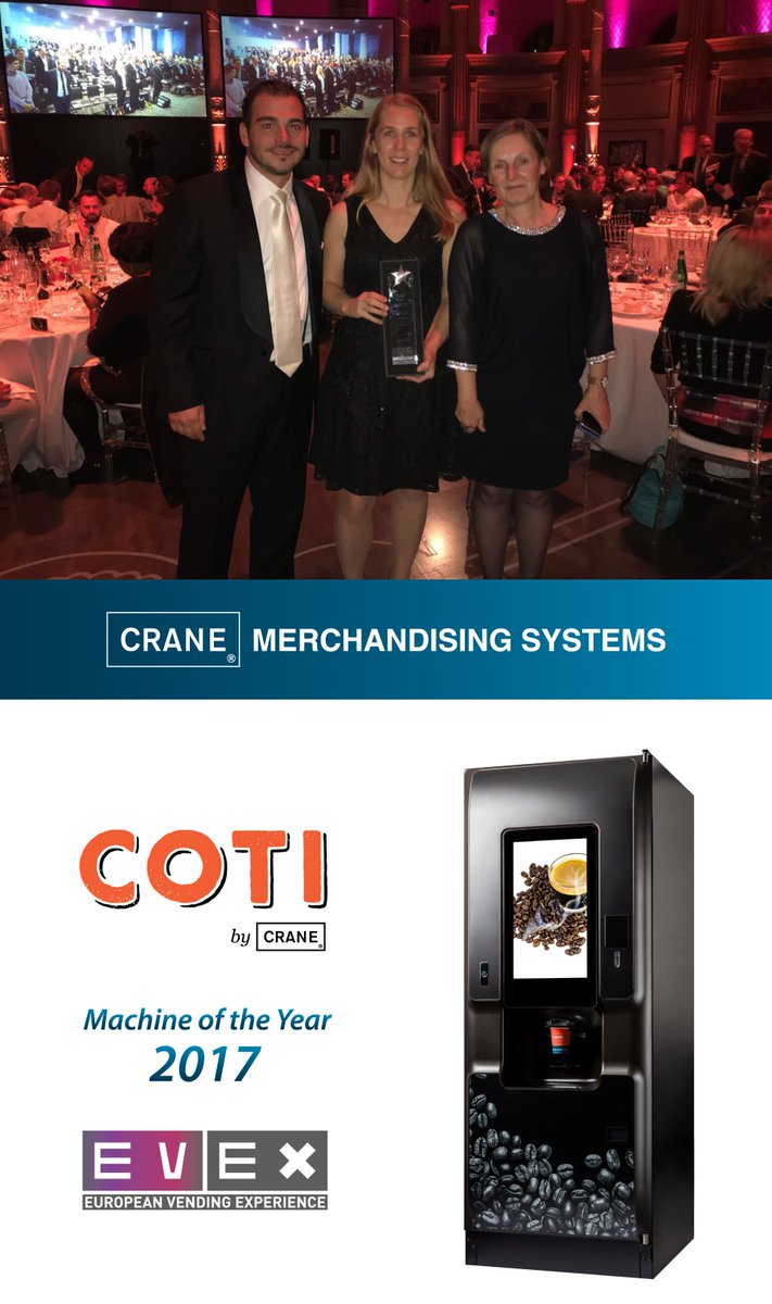 crane_ms's tweet photo. COTI by Crane wins coveted "Machine of the Year" award at EVEX 2017! We want to say a huge THANK YOU to our customers for their loyalty and continuous support to Crane and our associates for their hard work and dedication #proudlyCrane @VendingEurope https://t.co/HREWQz6Jb8 https://t.co/DxmKp3fM9V