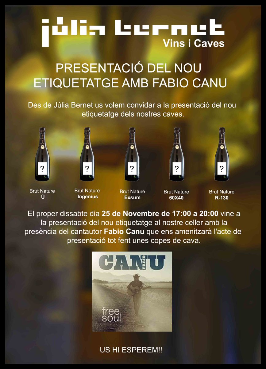 Caves Júlia Bernet (@cjuliabernet) on Twitter photo Aquest dissabte vine a la presentació del nou etiquetatge dels nostres caves!! Aquest dissabte vine a la presentació del nou etiquetatge dels nostres caves!!