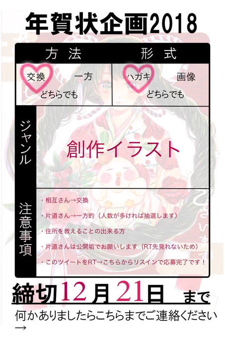 【年賀状企画2018】
今年もやります!
画像の注意事項ご確認いただき、大丈夫な方はRTでご参加下さい😌💕
片道さんもこちらからの一方的になりますが、日頃の感謝を込めて募集しております! 