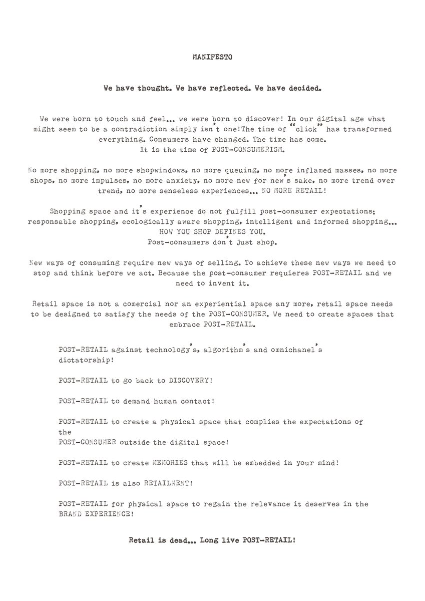 RetailThinking's tweet photo. Retail is dead... Long live POSTRETAIL!! Here is Metica's manifesto!! #postretail #retail #design #experience #manifesto #morirmolando #retailthinking #designthinking #realstate #smartretail #shoppingCenters #Stores #brickandmortar #concepto #phydigital #technocreativity https://t.co/KNp1BTlOiF