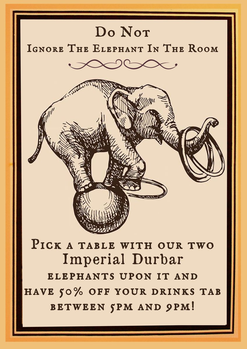 ImperialDurbar's tweet photo. Whoop whoop its Friday at last! Keep an eye out for our elephants on the tables at the Durbar. Grab a table with them on and you could win 50% off your drinks tab from 5-9pm that day! #tooting #happyhour #furzedown #balham https://t.co/19765j3QrV