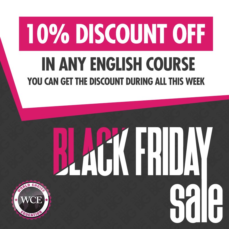 WCEworld's tweet photo. The #BlackFriday is already in #WCE!! > 💥💥 Book any #EnglishCourse this week and get a 10% #discount off!!💥💥 >> https://t.co/Q7nW3PXaXF >> info@worldchoice-education.co.uk https://t.co/vbwLDpbQU2