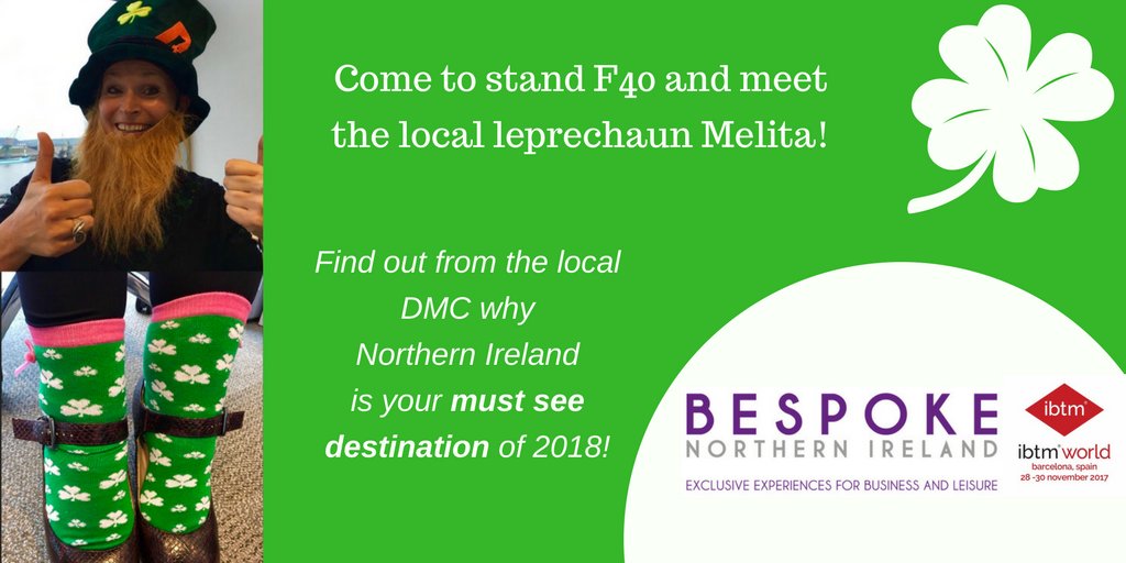 BespokeBizEvent's tweet photo. Only 4 sleeps to @ibtmworld! We'll be there in our #GreenIrishSocks at the #MeetInIreland stand F40 with @TourismIreland, @Failte_Ireland  &amp; @NITouristBoard. Find out about how the #Belfast based local #DMC can make your experience to #NorthernIreland one you'll never forget! https://t.co/I5EousjO0u