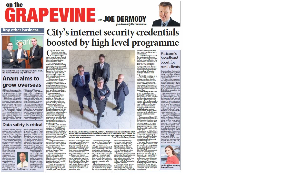 JoeDermody's tweet image. Great new #SecurityAccelerator high level cyber security programme; €50k for participants. Interview with @bobmcardle of @TrendMicroIRE in @irishexaminer print edition today. Applications isa.corkbic.com @corkcitycouncil @Kernel_Capital @TrendMicro @BOIstartups