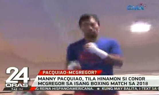 24OrasGMA's tweet photo. 'Tila hinamon ni Pambansang Kamao Manny Pacquiao si "The Notorious" Conor McGregor sa isang boxing match. Sa Instagram post ni Pacman binati niya ng happy thanksgiving ang Irish mixed martial artist. Pero mas kapansin-pansin ang hashtag niyang #realboxingmatch at #2018. https://t.co/WAybrvQFn0