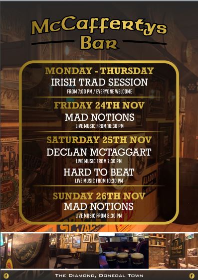 ⚡⚡OUR BLACK FRIDAY SALE⚡⚡
Get ANY 3 LONG NECKS McCaffertys Bar Today for ONLY €10.
🎤Music tonight by Mad Notions from 10:30pm
⚽Football: West Ham vs Leicester, Kick Off 8pm
#BlackFriday #Sale #LiveMusic #Sports #Donegal #HappyWeekend