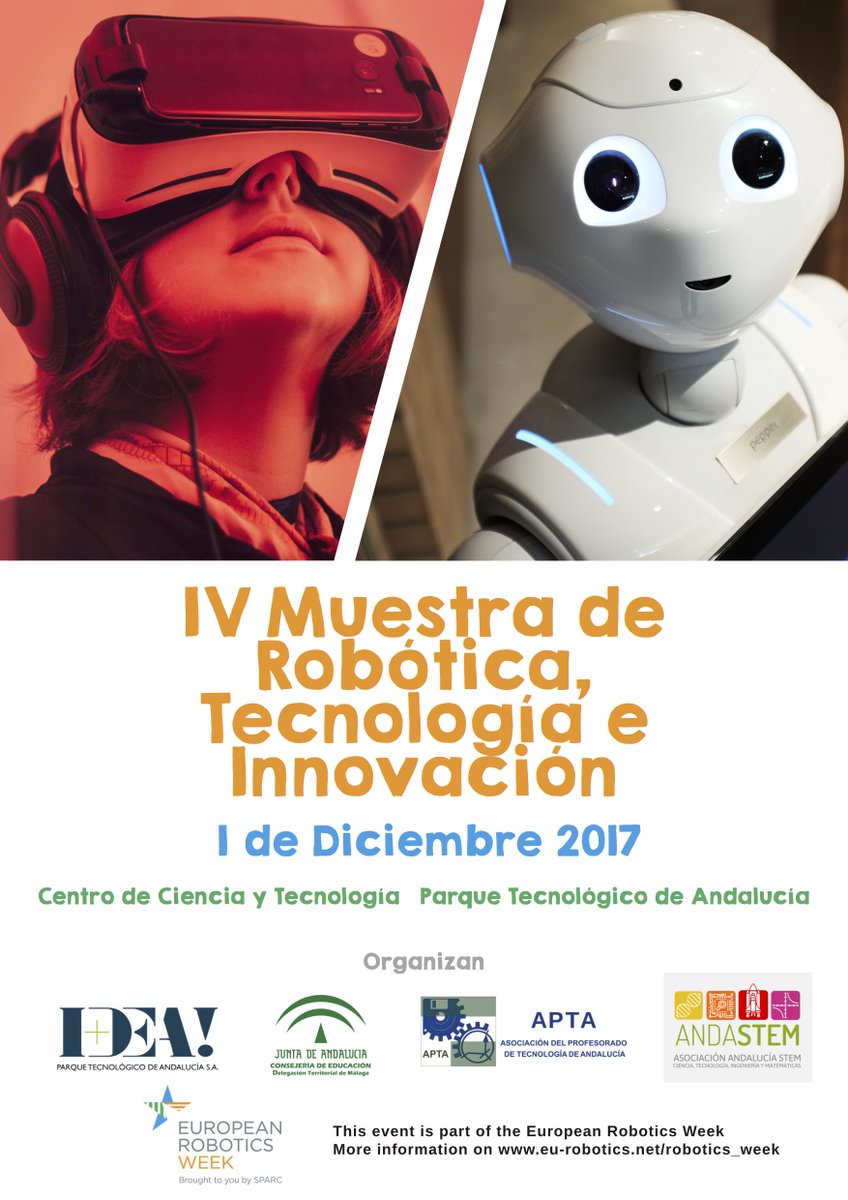 AptaMalaga's tweet photo. El próximo Viernes 1 de Diciembre se celebra la IV Muestra de Robótica, Tecnología e Innovación en el Centro de Ciencia y Tecnología del @PTAMalaga. Jóvenes estudiantes compartirán experiencias y aprendizaje con la colaboración de destacadas empresas del sector. 🛰️📱📡🤖 https://t.co/Hv6CmxJm1q