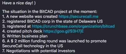 bitcadplatform's tweet image. 1.  securecall.me
2. registered BitCAD corp in the state of Delaware US
3. registered at crunchbase.com/organization/b…
4. created pitch deck goo.gl/S3H7jE
5. Written business plan
6. A $ 2 million funding round was launched to promote SecureCall technology in the US