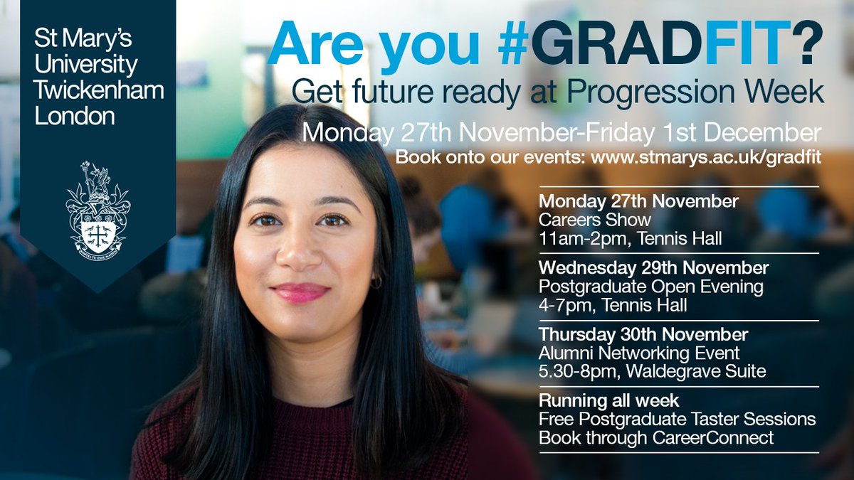 YourStMarys's tweet photo. We are hosting a series of events next week to help third year students decide what to do once they graduate. Book onto these now ππ©βππ¨βπhttps://t.co/oTjr06vB05 #GradFIT #Careers #Alumni #Postgrad https://t.co/nFzozckPhV