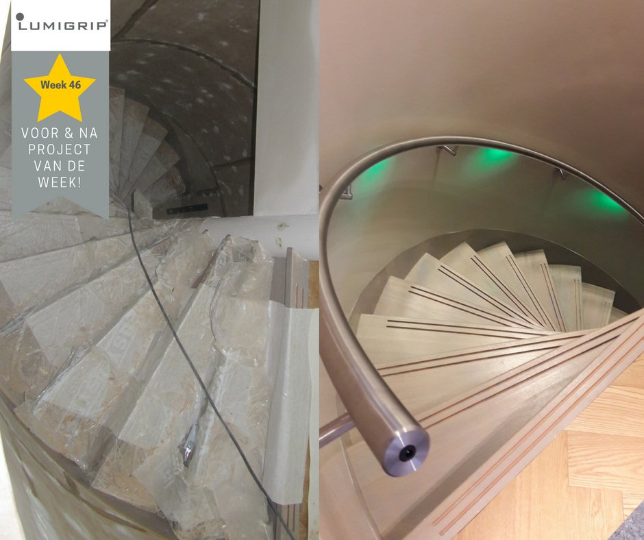 Hebben jullie onze prachtige gebogen leuningen met LED al eens gezien? #projectvandeweek #lumigrip #traprenovatie #trapleuning