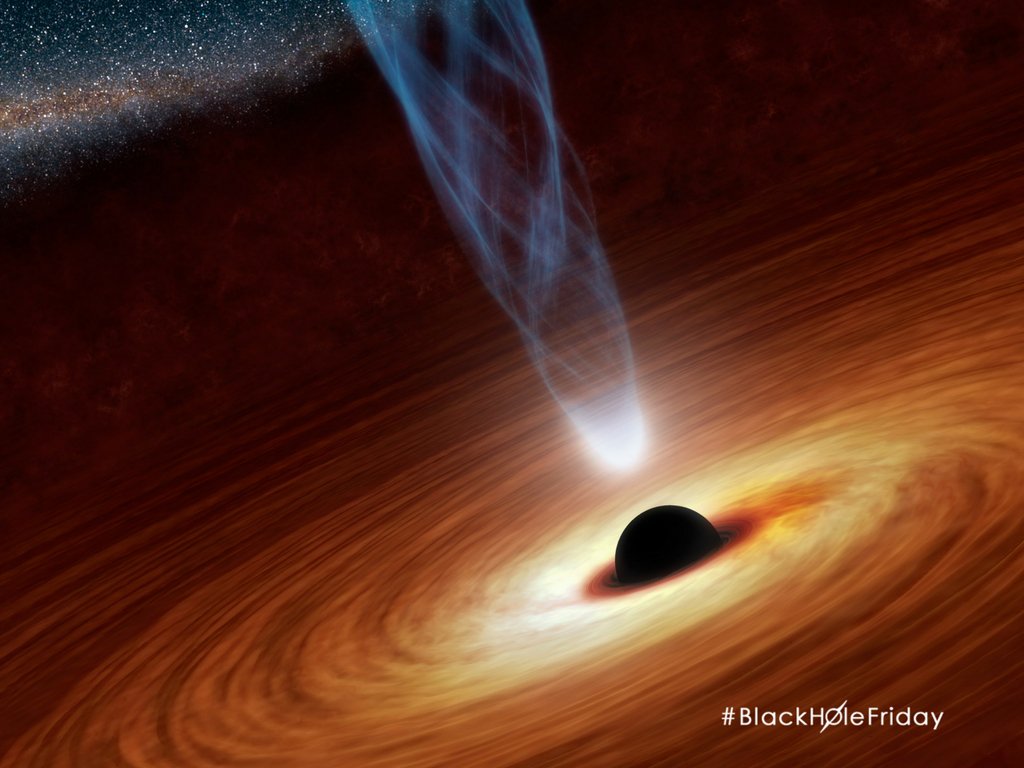 NASA's tweet image. In a small store with a big crowd this #BlackFriday? Black holes also have a lot of matter crammed into a small space: go.nasa.gov/2jV1ejI #BlackHoleFriday