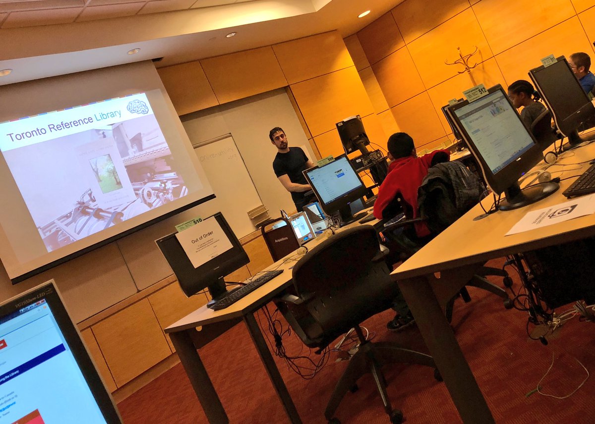 GlenBarbeau's tweet photo. At the Innovation Hub @torontolibrary #TPLMakers @SamuelHearneMS @LC3_TDSB @tdsb starting our 3D Printing Certification workshop! https://t.co/4oIc4d6mzS
