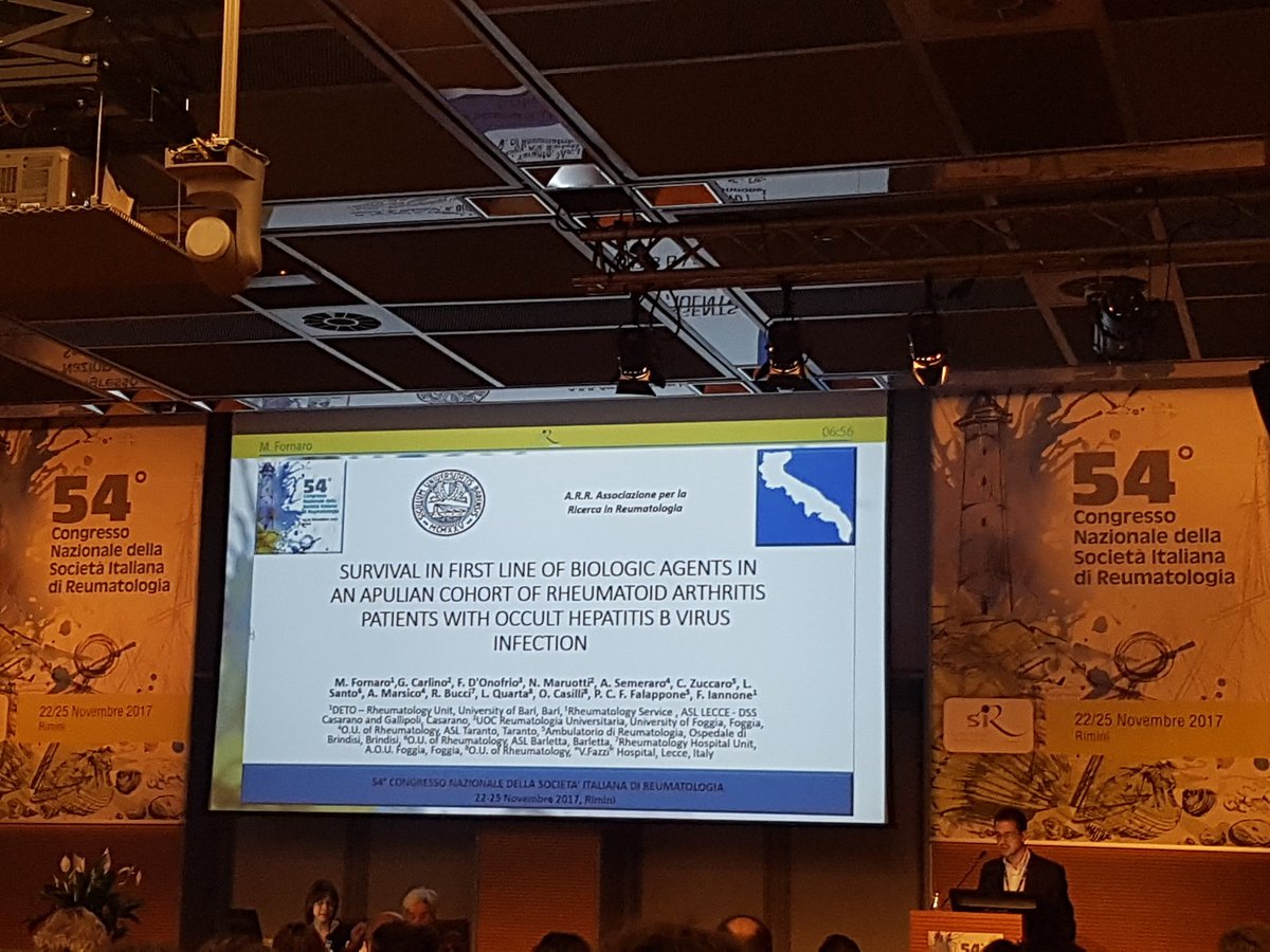 SIRyoung_IT's tweet photo. Rheumatoid arthritis patients with occult hepatitis B virus infection: dr M. Fornaro reported the survival in first line of biologic agents in an apulian cohort #SIR2017 #CongressoSIR https://t.co/ooVbS1sUFv