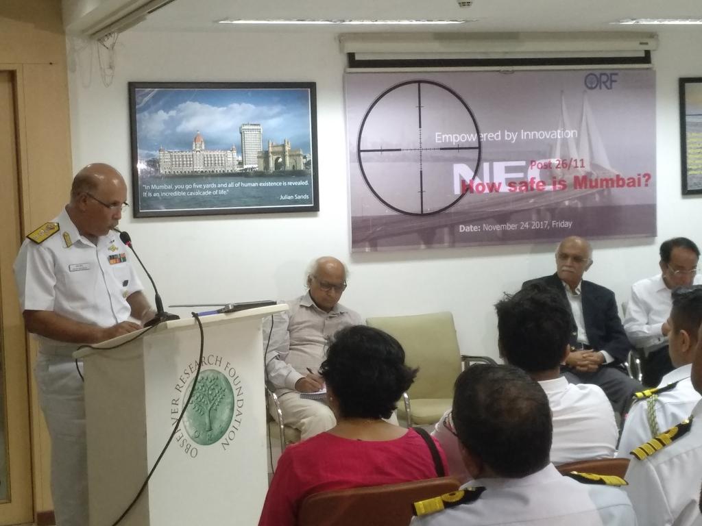 ORFMumbai's tweet photo. "26/11 underscored the short comings of our maritime border security." - Admiral Sanjay Mahindru. #HowSafeIsMumbai https://t.co/dnH3IdRwKX