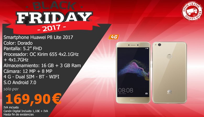 ofertahp's tweet photo. 📣📣📣 ¡¡EL BLACK FRIDAY LLEGÓ A OFERTASHP!!

#Smartphone 📲  Huawei P8 Lite 2017 por tan sólo 169,90€ con #envíogratis 📨 
👉 https://t.co/NVKRM7ERL9 👈 

#FelizViernes #BlackFriday🎁 #Ofertashp #Ofertas #Smartphones #Huawei #HuaweiP8 https://t.co/2R3YdN0dli