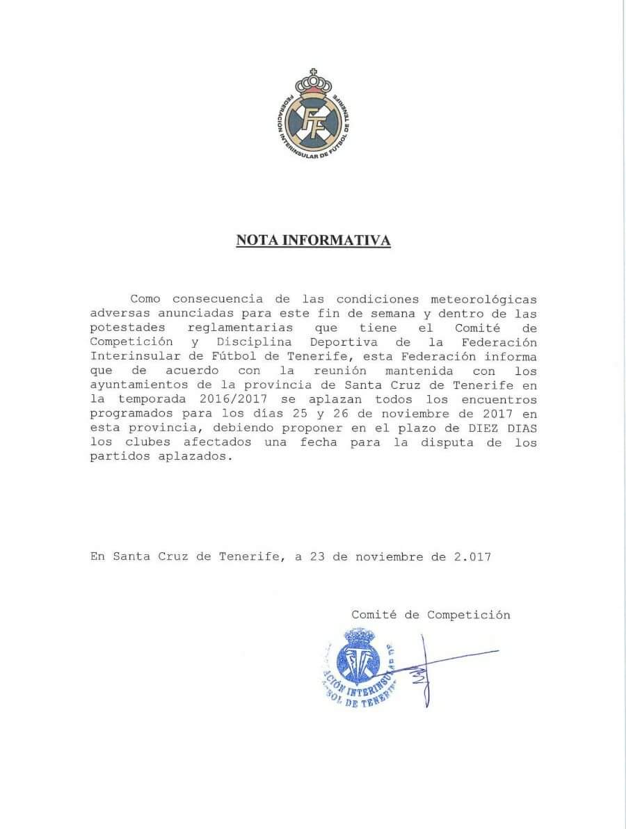 UD_Alajero's tweet photo. COMUNICADO DE LA FEDERACION DE FUTBOL CANCELA LA JORNADA PARA ESTE FIN DE SEMANA https://t.co/bSWsCBZfDa