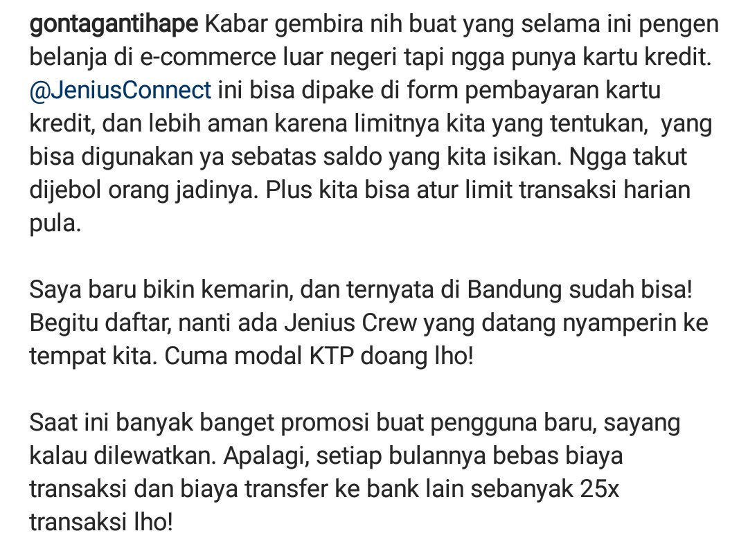 GontaGantiHaPe's tweet photo. Kabar gembira nih buat yang selama ini pengen belanja di e-commerce luar negeri, @JeniusConnect ini bisa dipake di form pembayaran kartu kredit
Download aplikasinya di https://t.co/Kc1Y8epqFV atau datang ke booth Jenius, semalam saya lihat di PVJ ada! #HiJeniusBDG https://t.co/LkJDNZyT5A