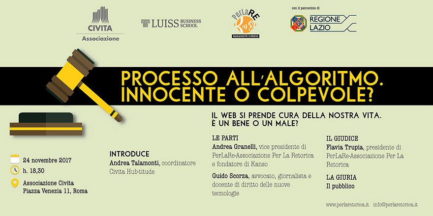 flaviatrupia's tweet photo. Oggi un altro appuntamento dei Grandi Processi della Retorica: Processo all'Agoritmo. E' innocente o colpevole? @globalista  #ProcessiRetorica https://t.co/9OQrGKhjJH