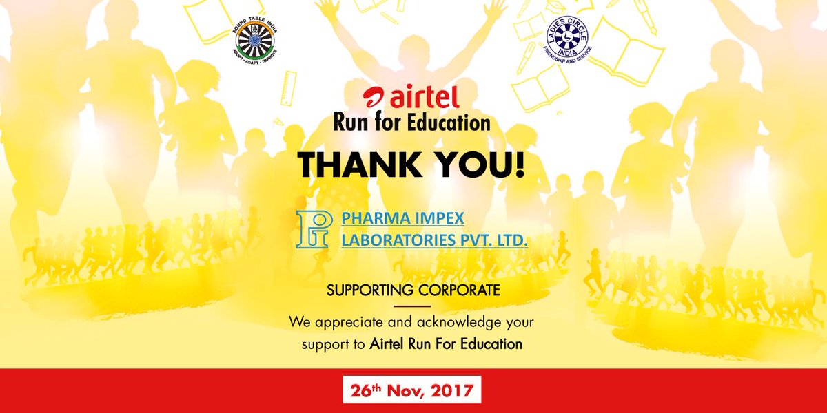 rtirun's tweet photo. We are delighted to announce Pharma Impex Laboratories Pvt. Ltd. as Supporting Corporate for Airtel #RunForEducation 2017. https://t.co/KR7uCI8Dcv
