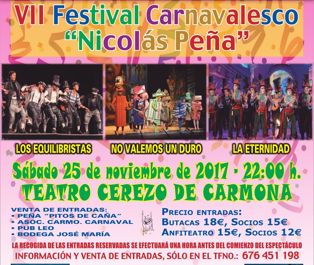 ondacarmona's tweet photo. VII FESTIVAL CARNAVALESCO "NICOLÁS PEÑA".
25 de noviembre, Teatro Cerezo, 22'00h.
https://t.co/90cLh6FiW8 https://t.co/jM9Z8rK3jk
