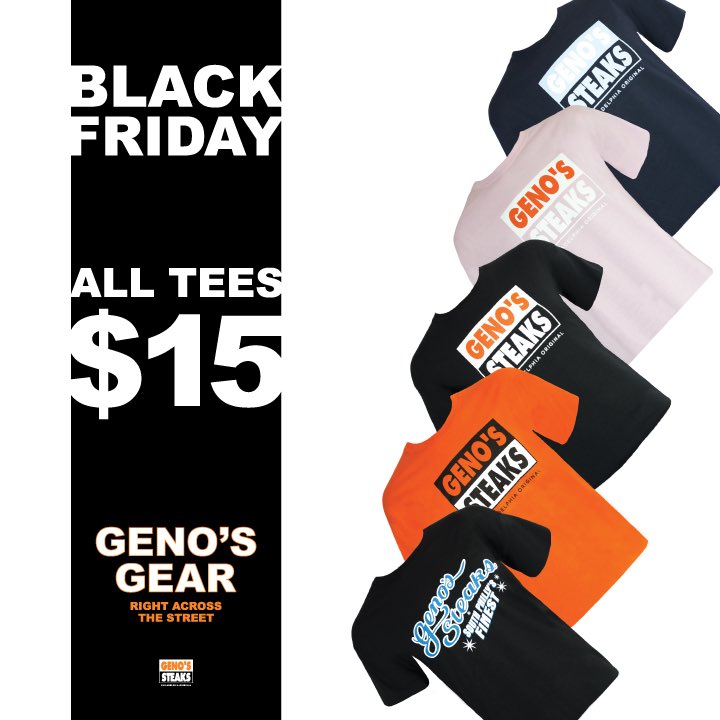 GenosSteaks's tweet photo. Happy #BlackFriday! Don’t forget to stop by and see us down at #GenosGear, across from #GenosSteaks, for our #BlackFridaySale from 12-6pm. We have a lot of great deals today! #EatLikeALocal #ShopLikeALocal https://t.co/A1rkD4NRAK