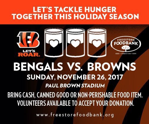 KurtReiber's tweet photo. Hey @Bengals_Nation @Bengals Fans Plz help @FreestoreFB as we take on @Browns #Battle4Ohio Bring your non-perishable food and monetary donations to the game! $5=15 meals @Local12 @Star64WSTR @Save_On_Cincy https://t.co/PyG2vfOlpZ