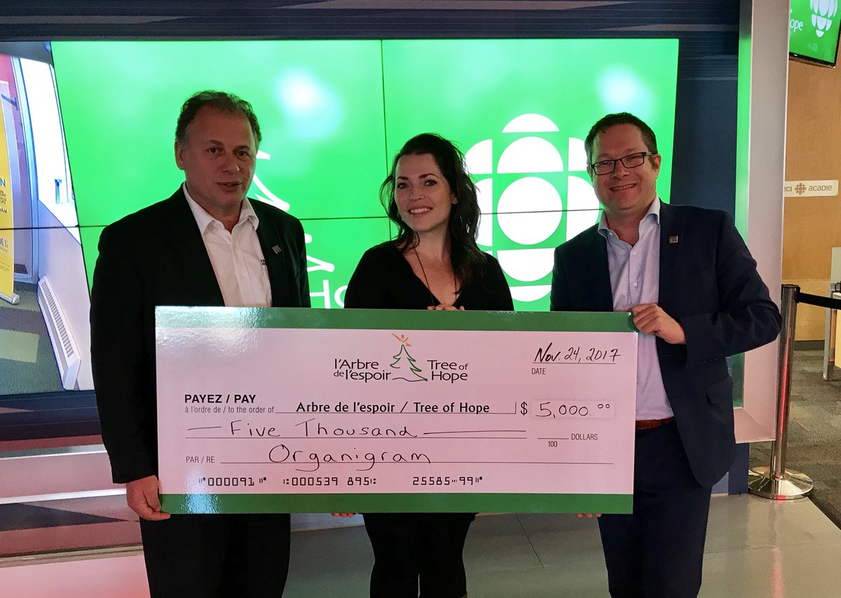 Organigram_Inc's tweet photo. We were delighted to donate $5,000 this morning to the @treeofhope - Arbre de l'espoir campaign. Thanks to our friends at @CBCNB for allowing us to contribute to this important initiative. #ACMPR #discovernb #medicalcannabis #discoverogi https://t.co/oojUWyax6E