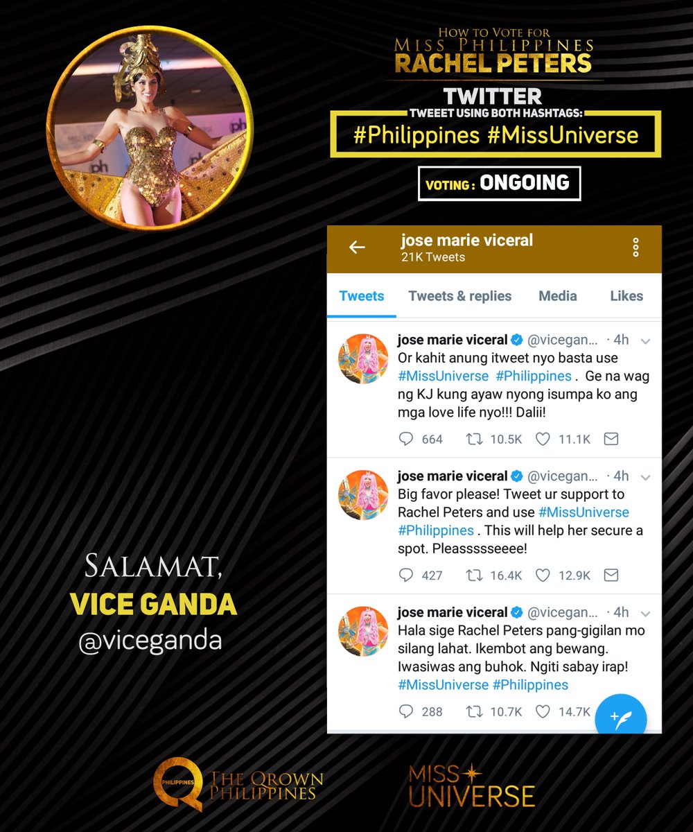TheQrownPH's tweet photo. Tag all the celebrities that you can think of: @vicegandako to tweet #Philippines #MissUniverse then retweet their posts. Retweets are counted. https://t.co/CiGdGGqhhS