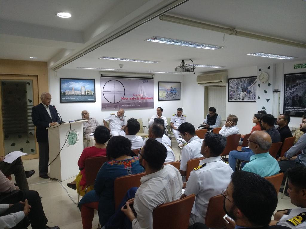ORFMumbai's tweet photo. "Key goal of terrorism is humiliation of target government." - V. Balachandran. #HowSafeIsMumbai https://t.co/F41FFCAsFS
